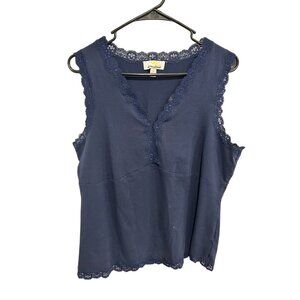 Kathleen Kirkwood Lace Trim Tank Top Navy Sz Large V-Neck Sleeveless Intimate